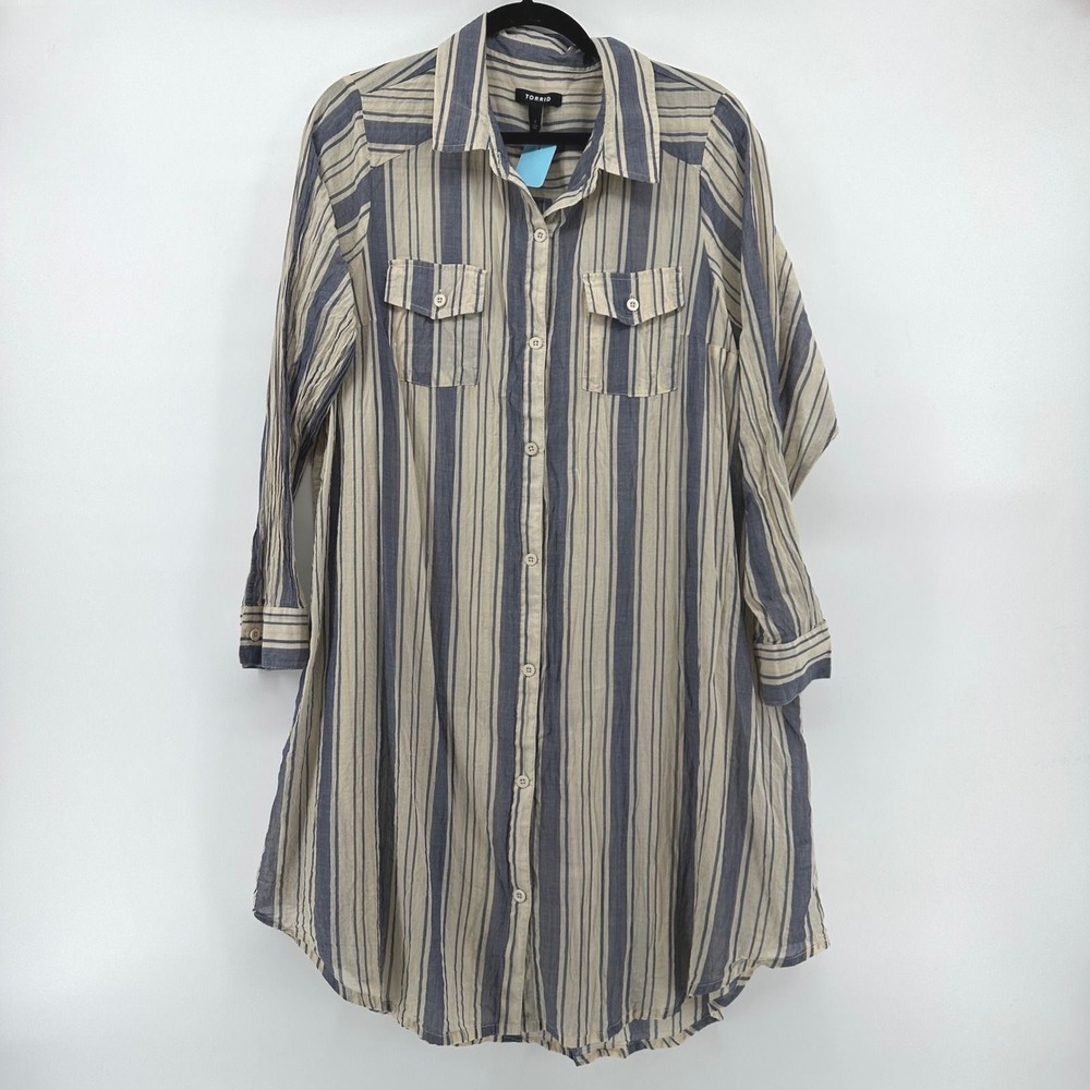 Torrid Blue and Beige Striped Cotton Gauze Shirt Dress Size 1